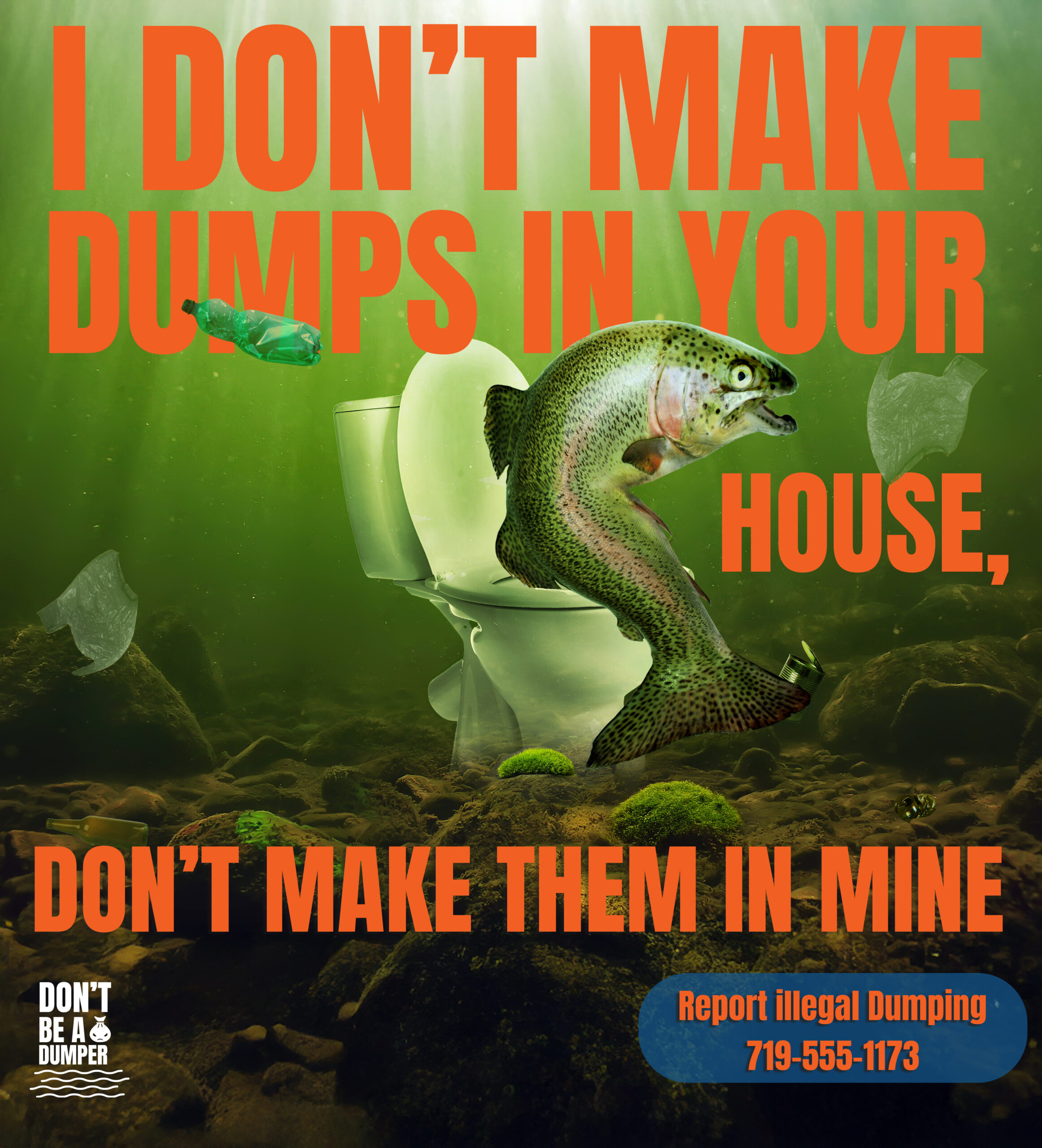 Social Media Post For Don't Be a Dumper Campaign.  Features a fish taking a bathroom break on a toilet