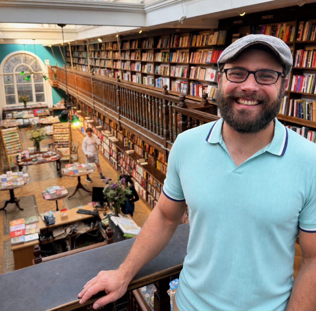 Larry in a book store